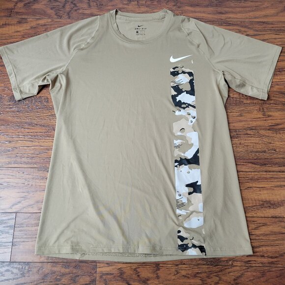 NIKE Dri-Fit Tan Beige White Black Camouflage Strip Short Sleeve Shirt sz XL EUC - Picture 1 of 5